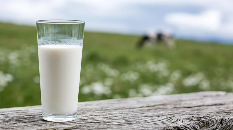 Glass of fresh milk on a weathered wooden table in a green pasture