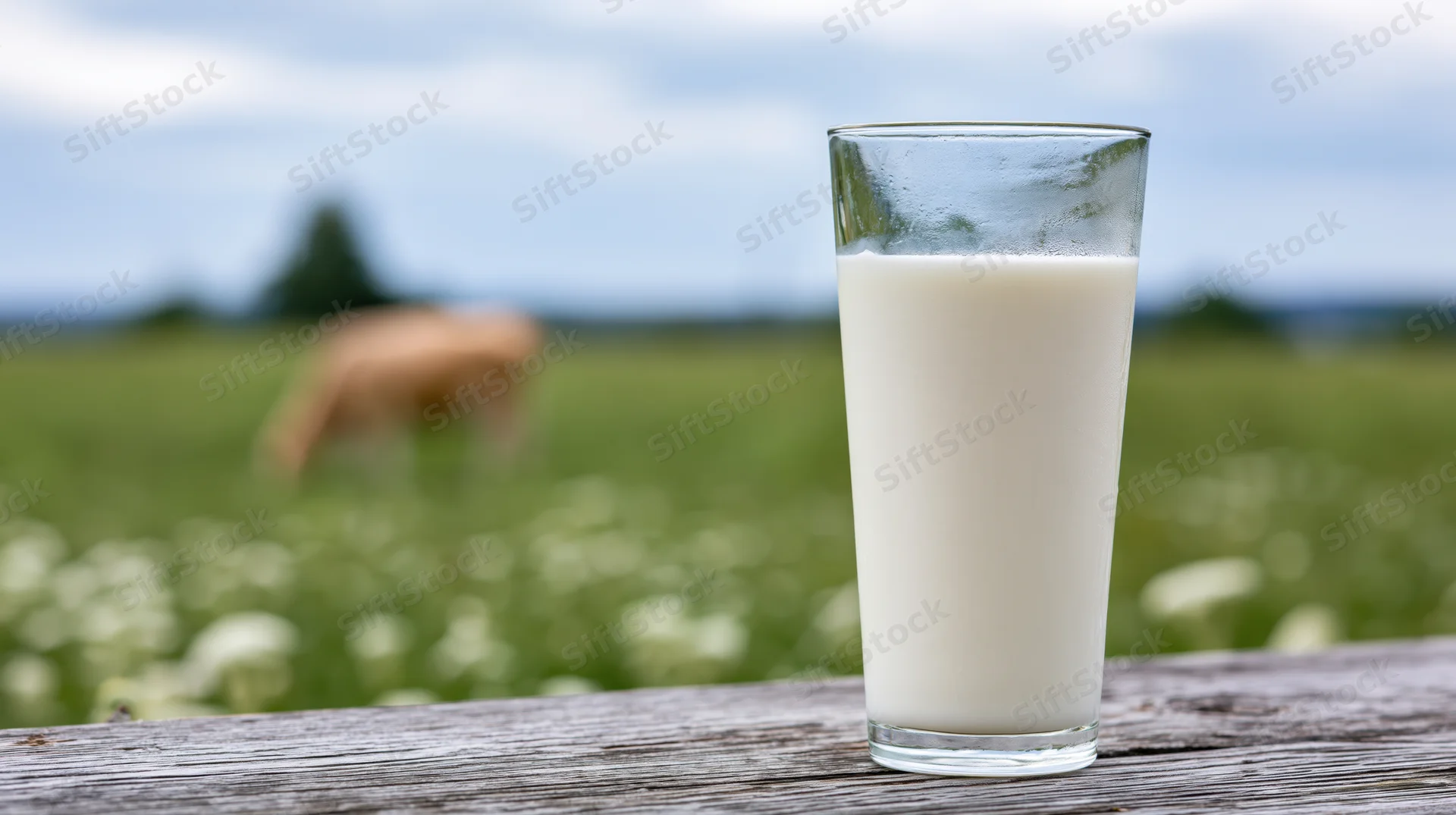 Glass of milk on a weathered wooden table with a cow grazing in a green pasture behind