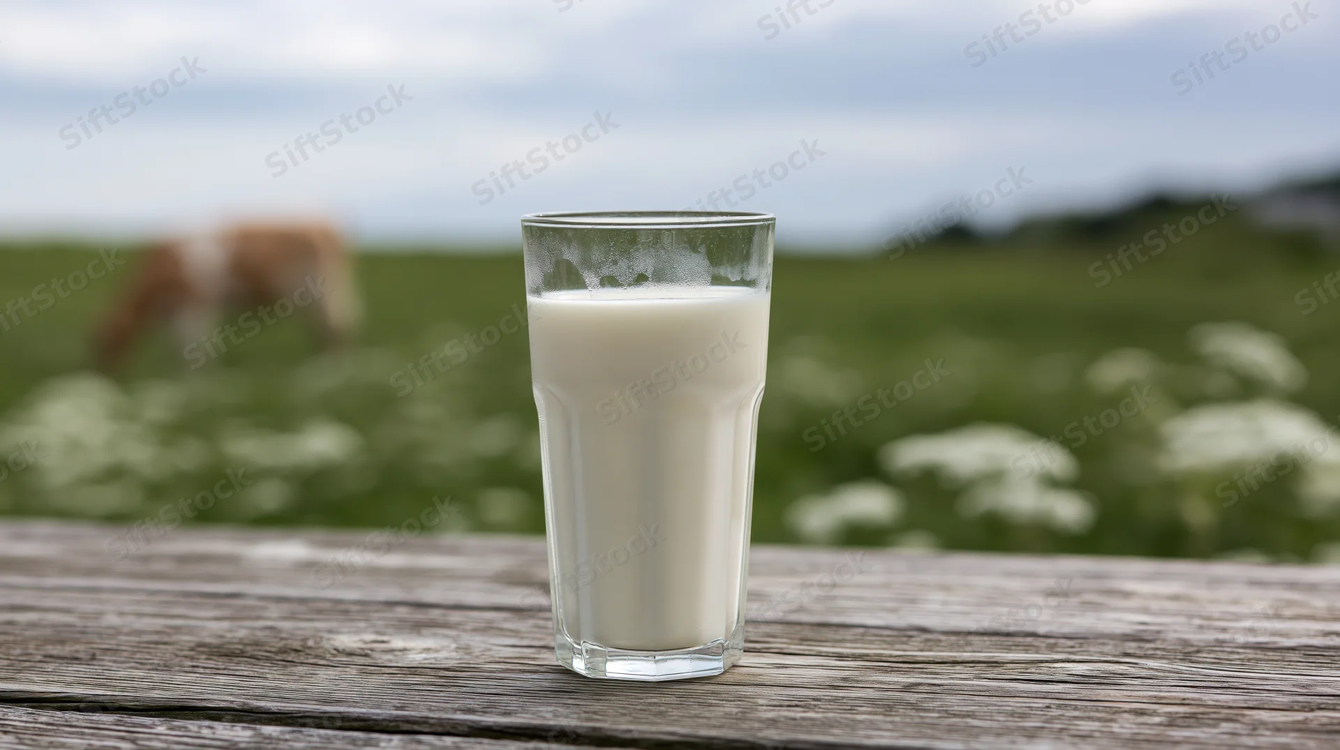 Glass of fresh milk on a weathered wooden table in a green pasture with a cow grazing in the background