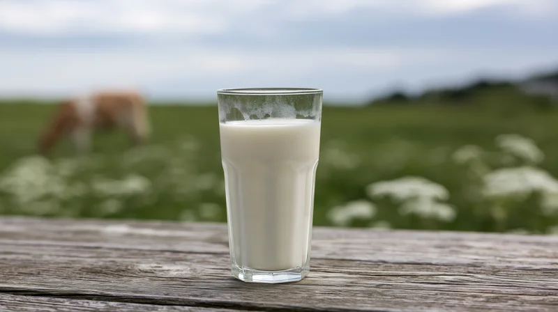 Glass of fresh milk on a weathered wooden table in a green pasture with a cow grazing in the background