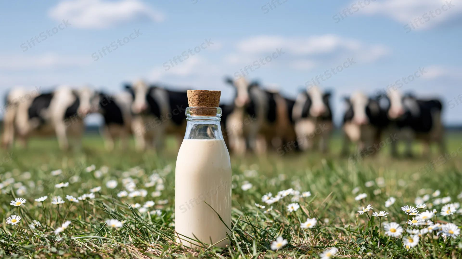 Glass milk bottle with cork cap in a grass field with cows and daisies in the background