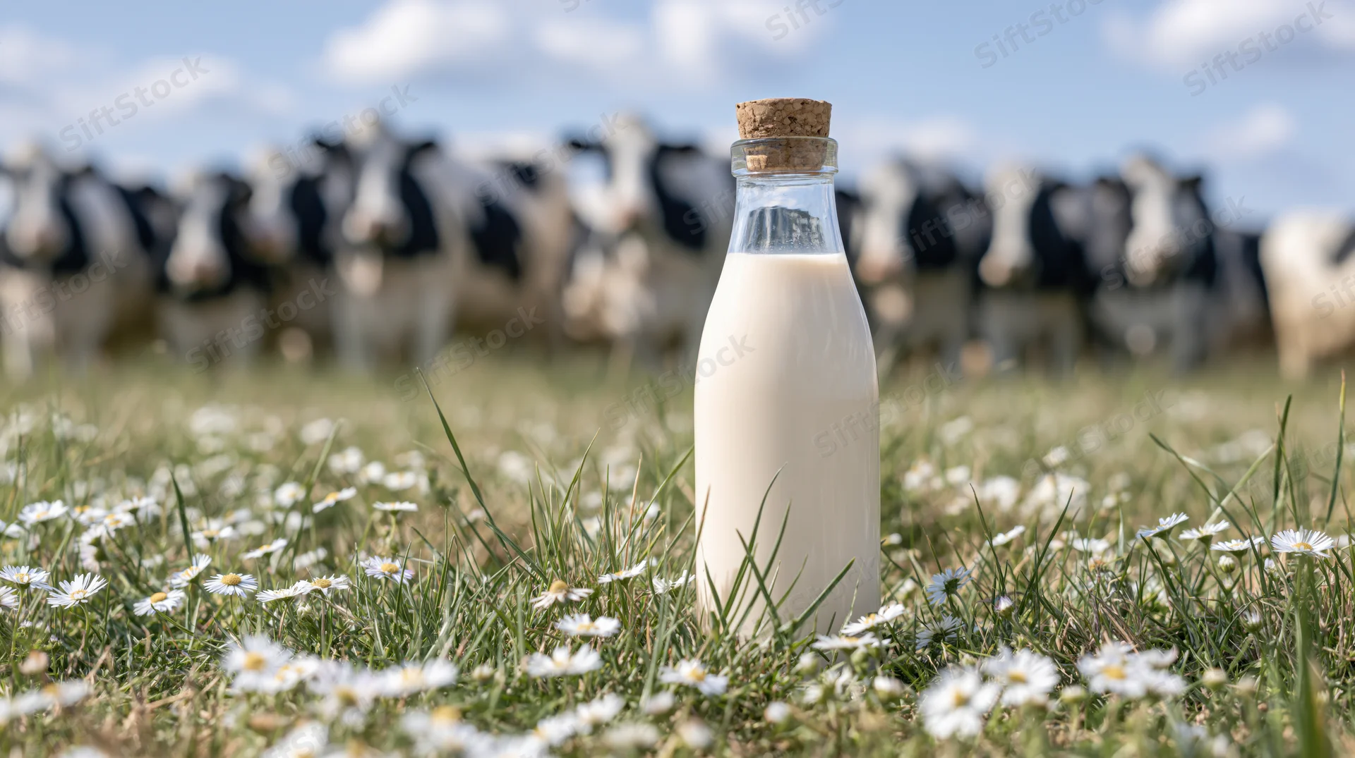Glass milk bottle with cork cap in a grassy field with cows and daisies in the background