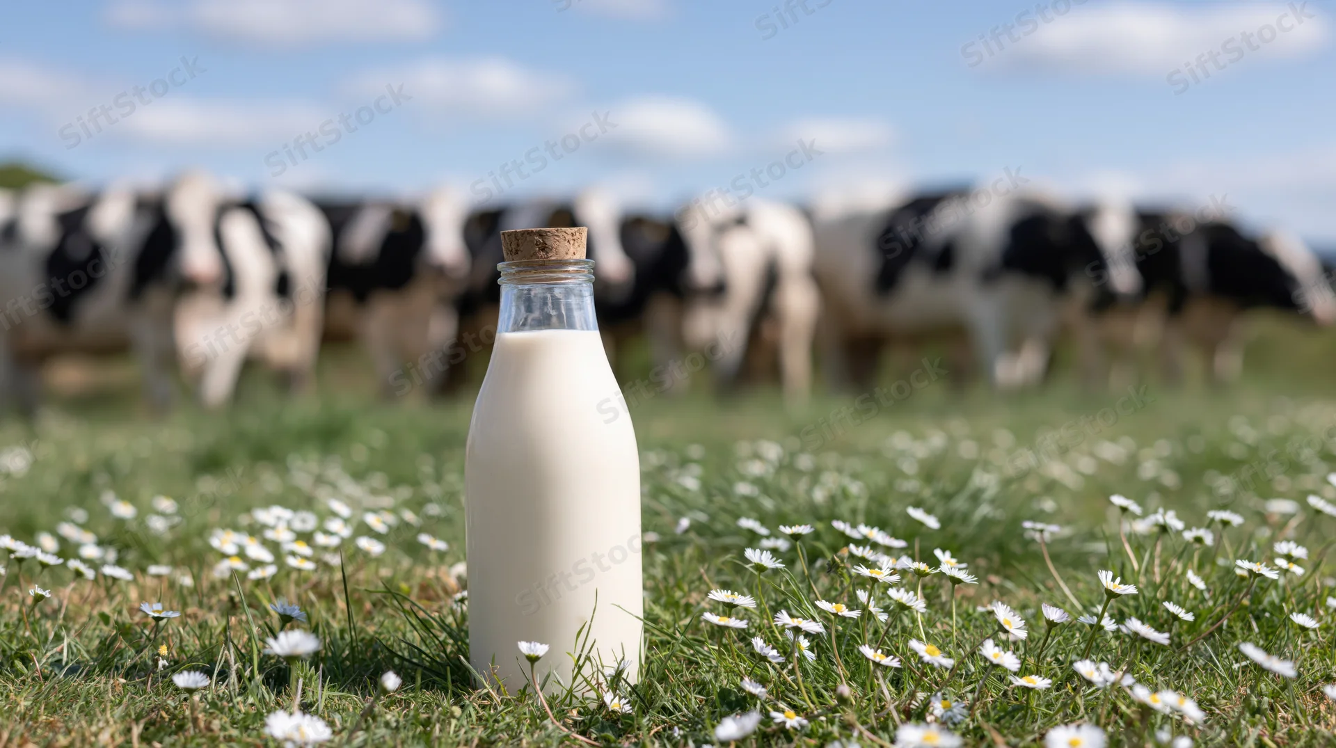 Glass milk bottle with cork cap in a grass field with cows and daisies in the background