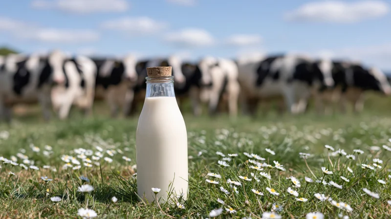 Glass milk bottle with cork cap in a grass field with cows and daisies in the background