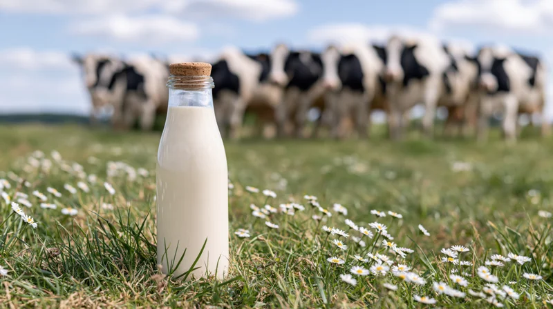 Glass milk bottle with cork cap in a grassy field with cows in the background