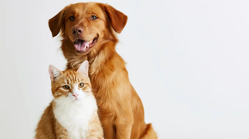 Golden-brown dog and ginger cat sitting together in studio portrait