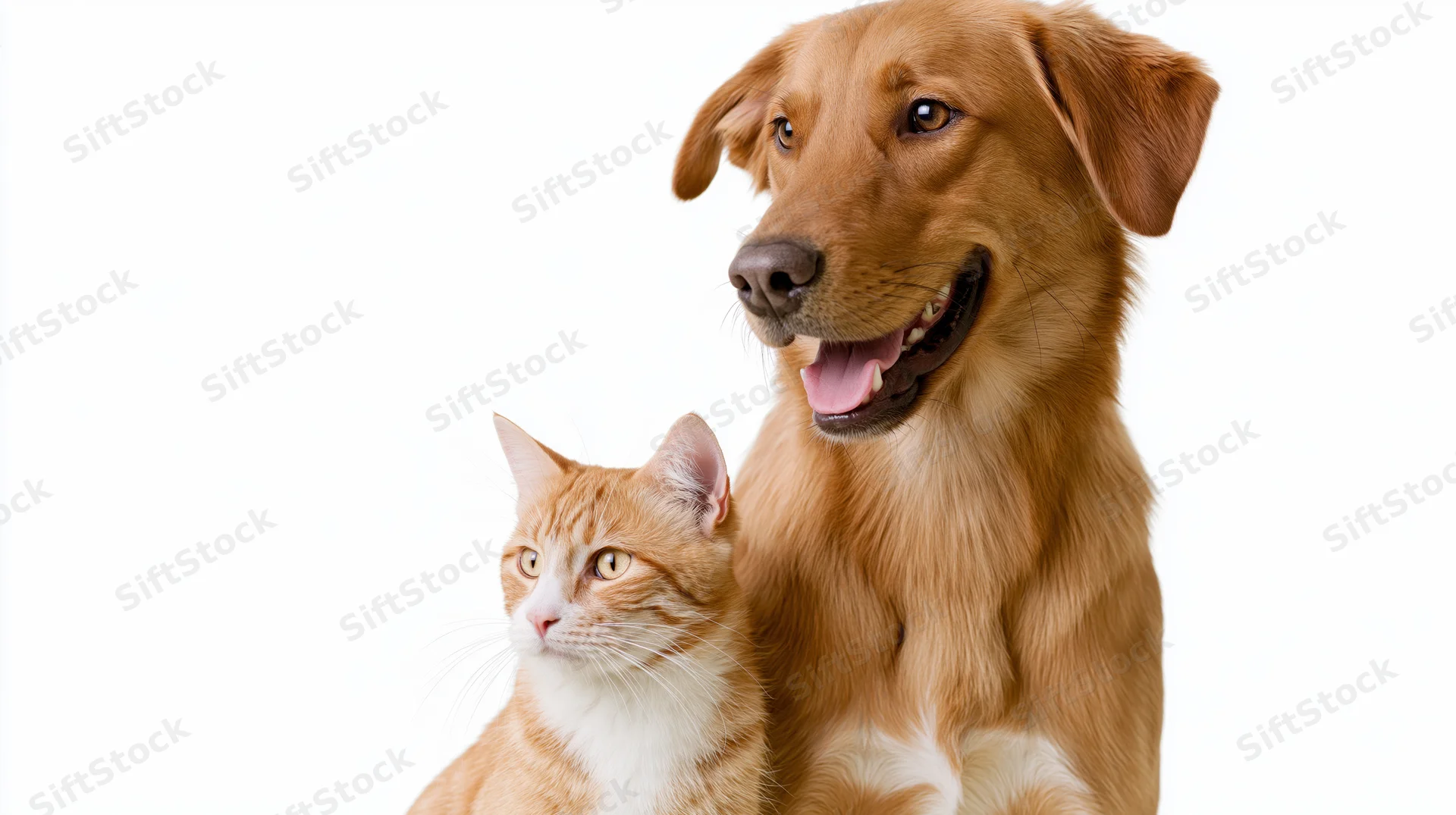 Golden-brown dog with open mouth and floppy ear sitting beside ginger cat on white background