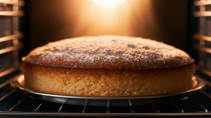 Golden round sponge cake baking on metal pan inside oven