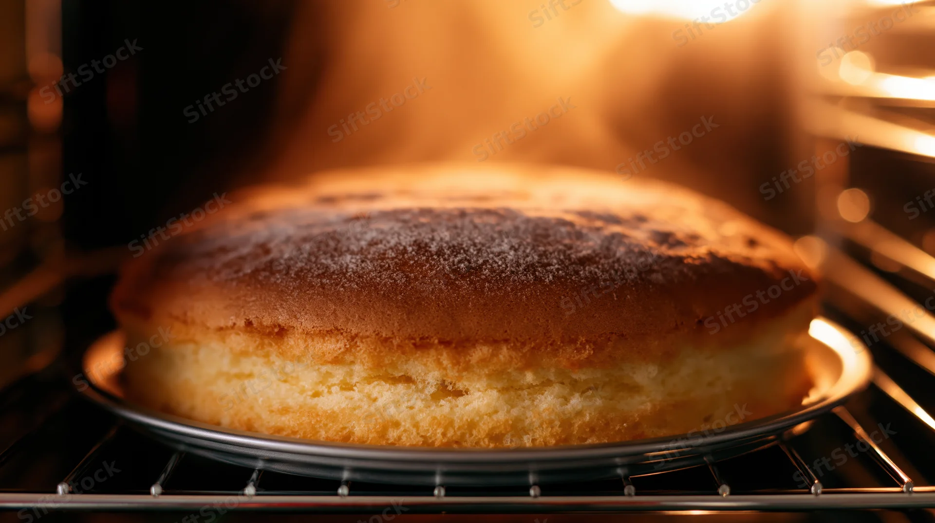 Golden round sponge cake baking on metal pan inside oven
