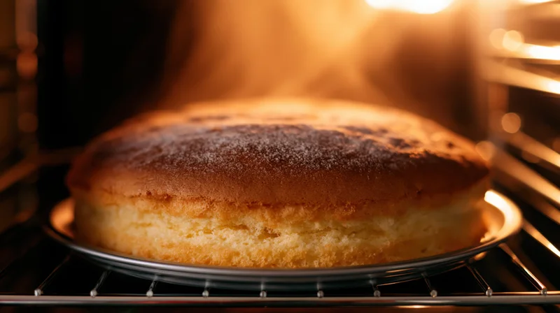Golden round sponge cake baking on metal pan inside oven