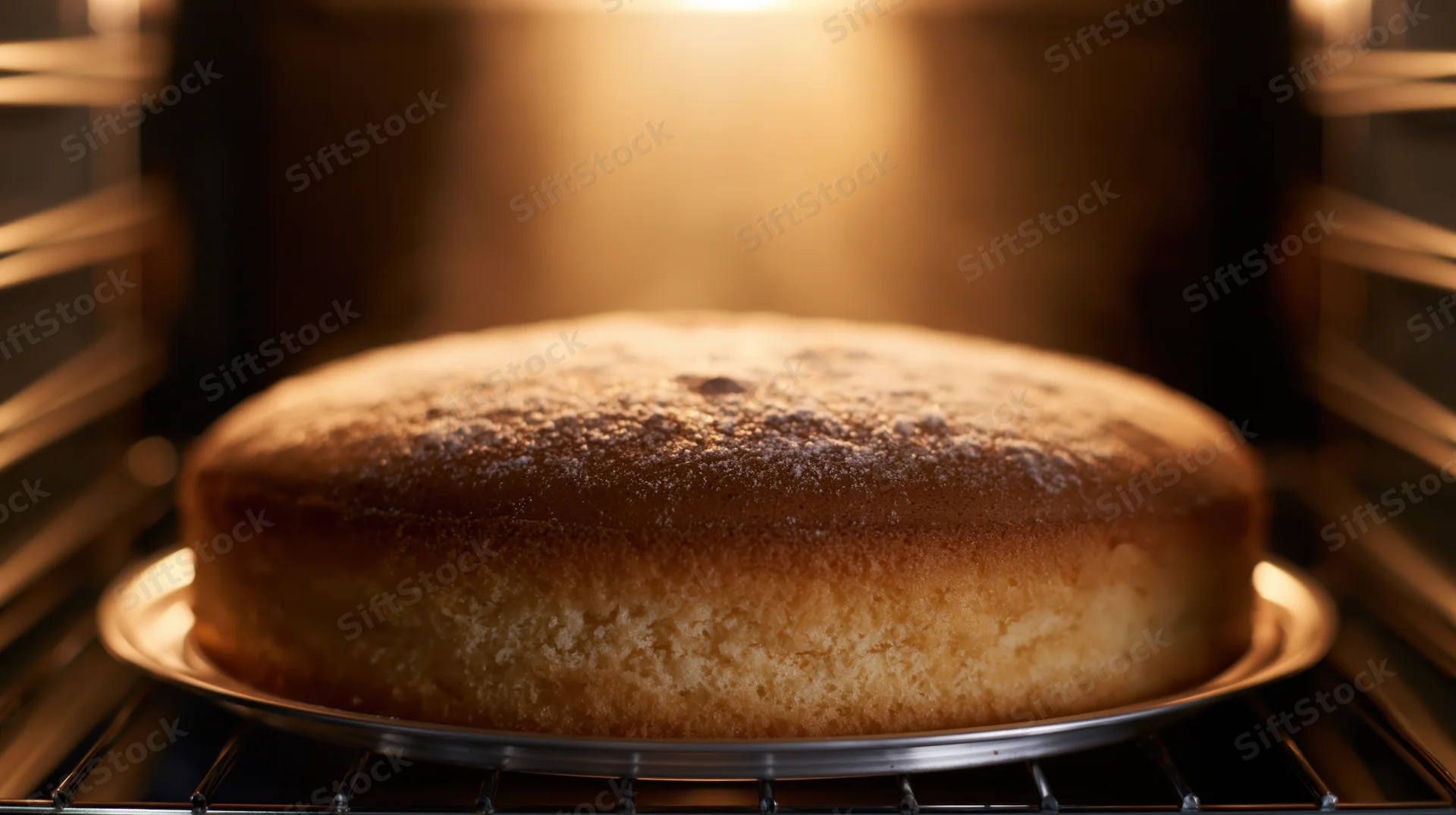 Golden round sponge cake baking on metal pan inside oven