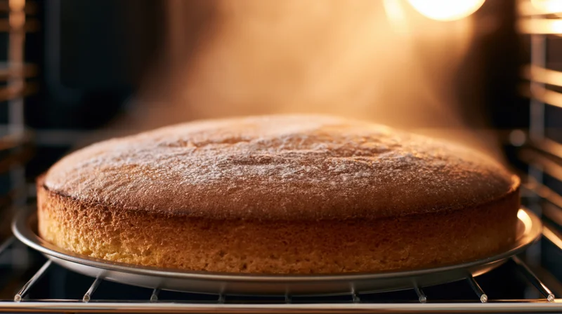 Golden round sponge cake baking on metal pan inside oven