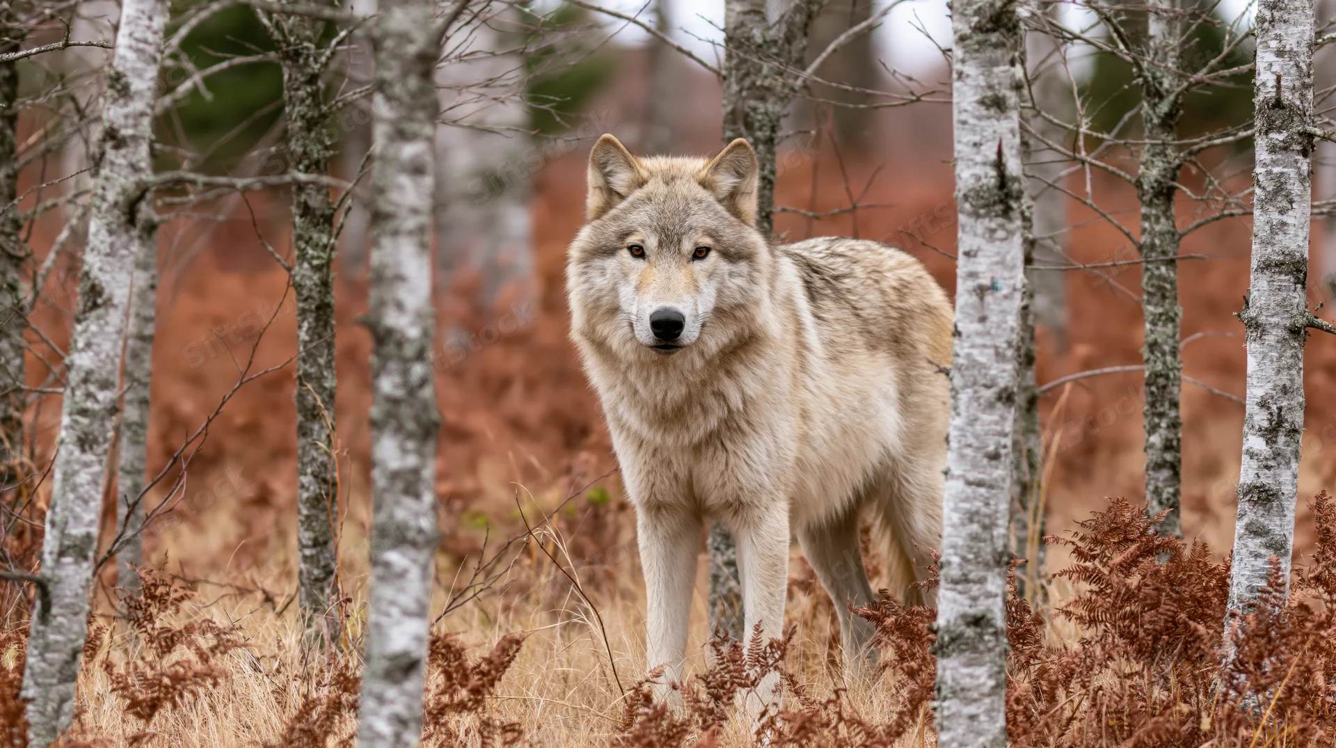 Gray wolf standing alert among birch trees in autumn forest