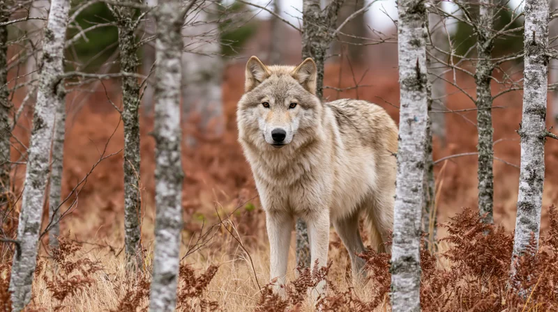 Gray wolf standing alert among birch trees in autumn forest