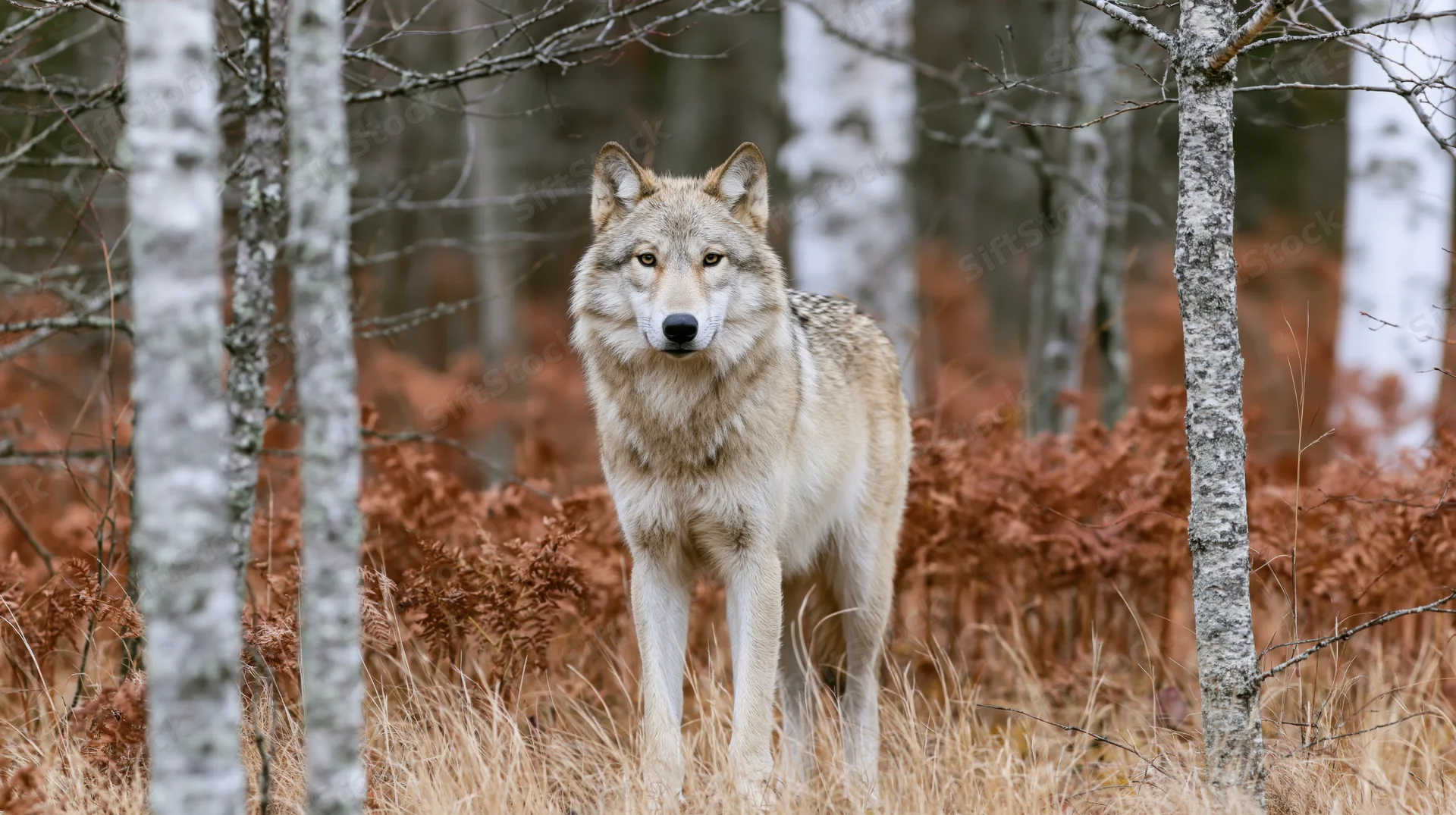 Gray wolf standing alert among birch trees in a sparse boreal forest