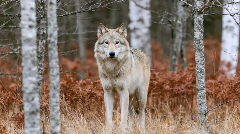 Gray wolf standing alert among birch trees in a sparse boreal forest