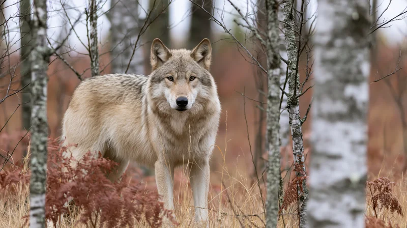Gray wolf standing alert among sparse birch trees in autumn forest