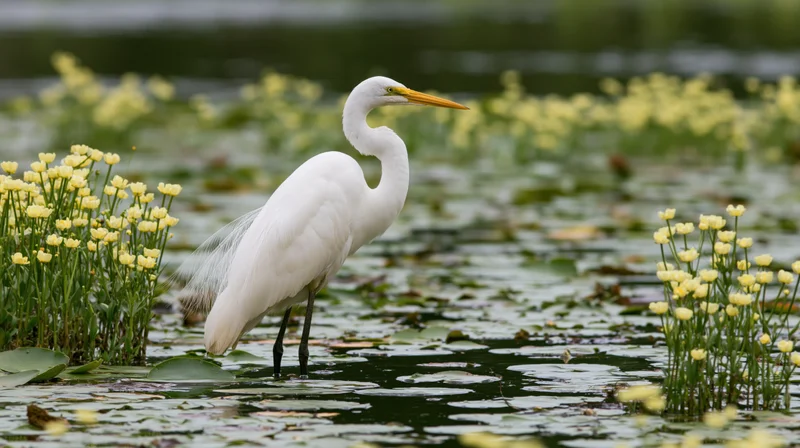 Great egret standing still in shallow wetland water among yellow flowers and lily pads