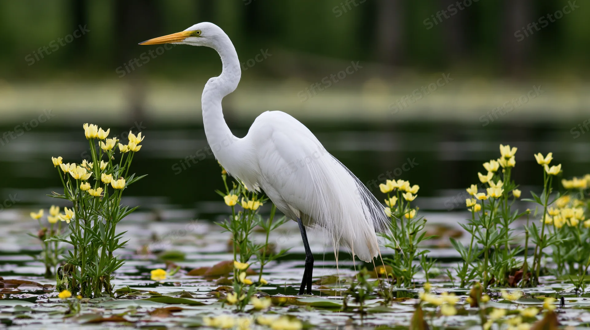 Great egret standing still in shallow wetland water among yellow flowers