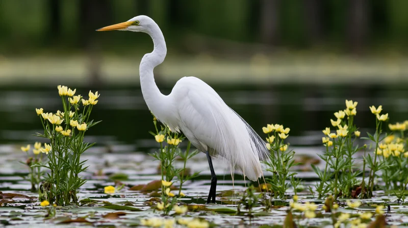 Great egret standing still in shallow wetland water among yellow flowers
