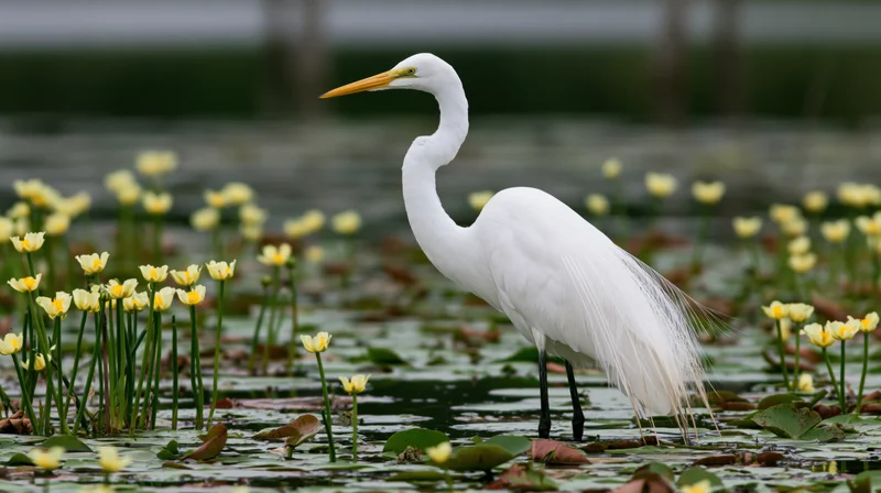 Great egret standing still in shallow wetland water among yellow flowers