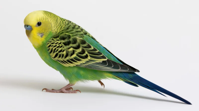 Green and blue budgerigar parakeet in profile standing on white background