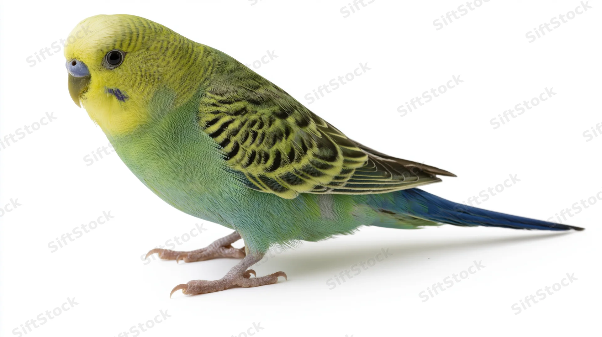 Green and blue budgerigar parakeet perched in profile on white background