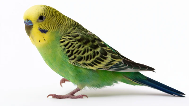 Green and blue budgerigar parakeet perched in profile on white background