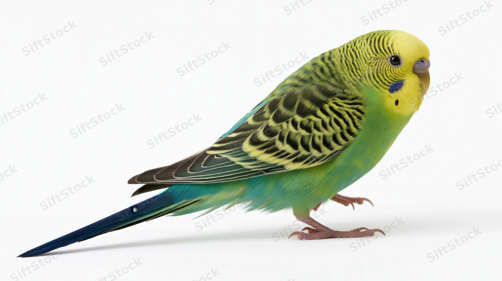 Green and blue budgerigar parakeet perched in profile on white background