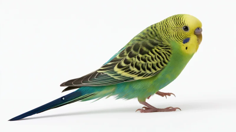 Green and blue budgerigar parakeet perched in profile on white background