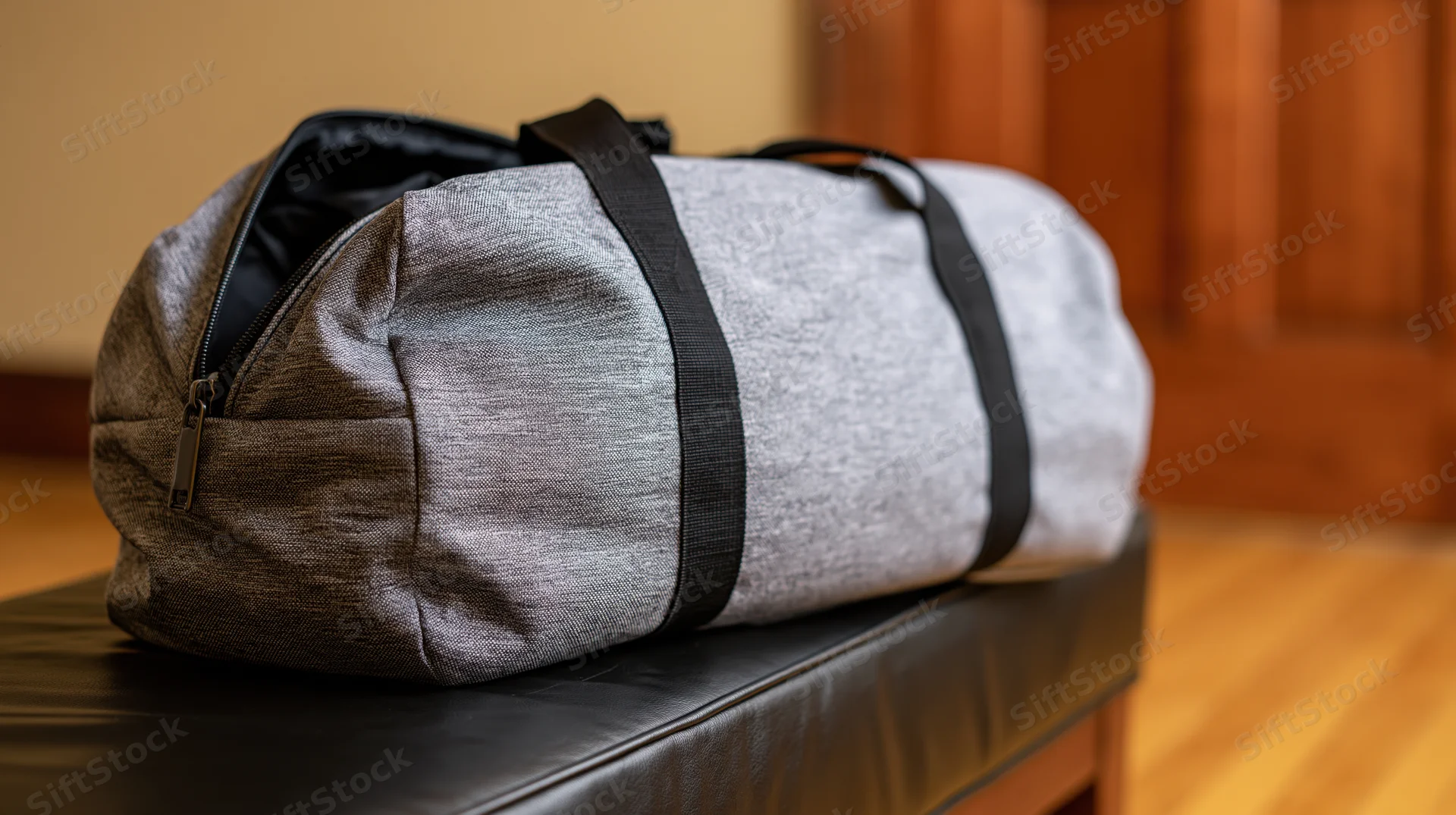 Gray heathered gym duffel bag open on dark leather bench in home interior