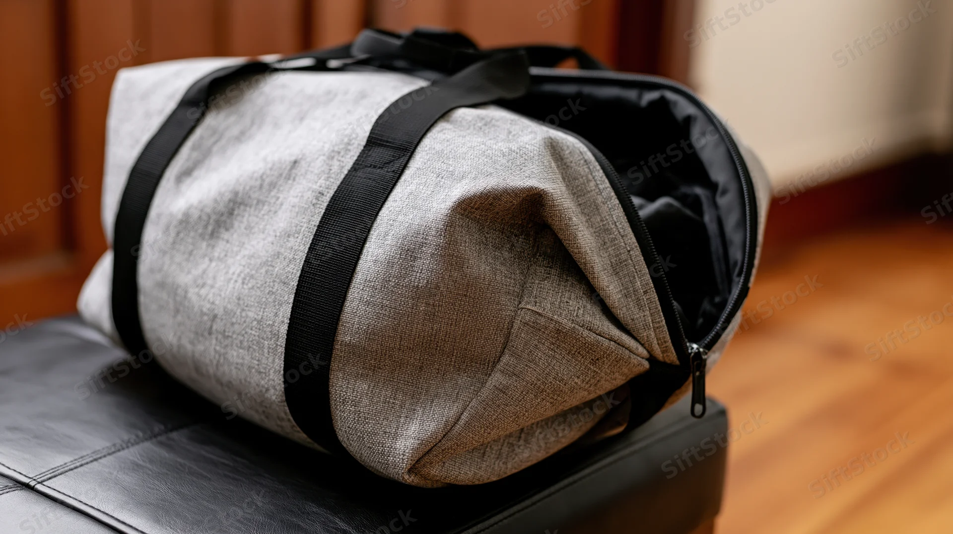 Gray heathered gym duffel bag open on dark leather ottoman in home interior