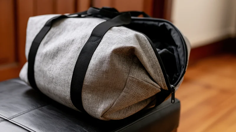 Gray heathered gym duffel bag open on dark leather ottoman in home interior