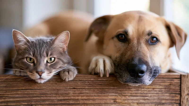 Grey tabby cat and tan mixed-breed dog resting their chins on wooden crate edge together indoors