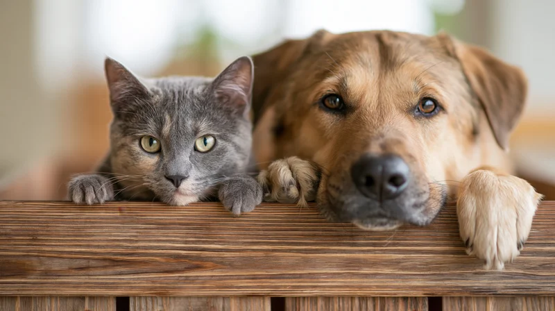 Grey tabby cat and tan mixed-breed dog resting their chins on a wooden crate indoors