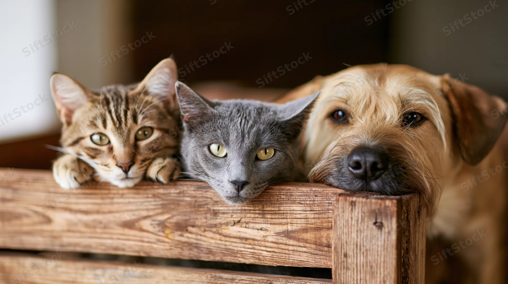Cat and dog resting their chins on a wooden crate indoors