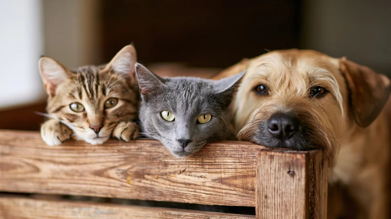 Cat and dog resting their chins on a wooden crate indoors