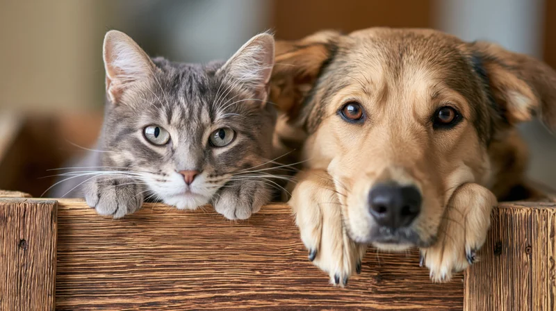 Grey tabby cat and tan mixed-breed dog resting their chins on wooden crate edge