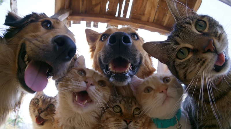 Dogs and cats crowding toward a wide-angle camera from below under a bamboo roof