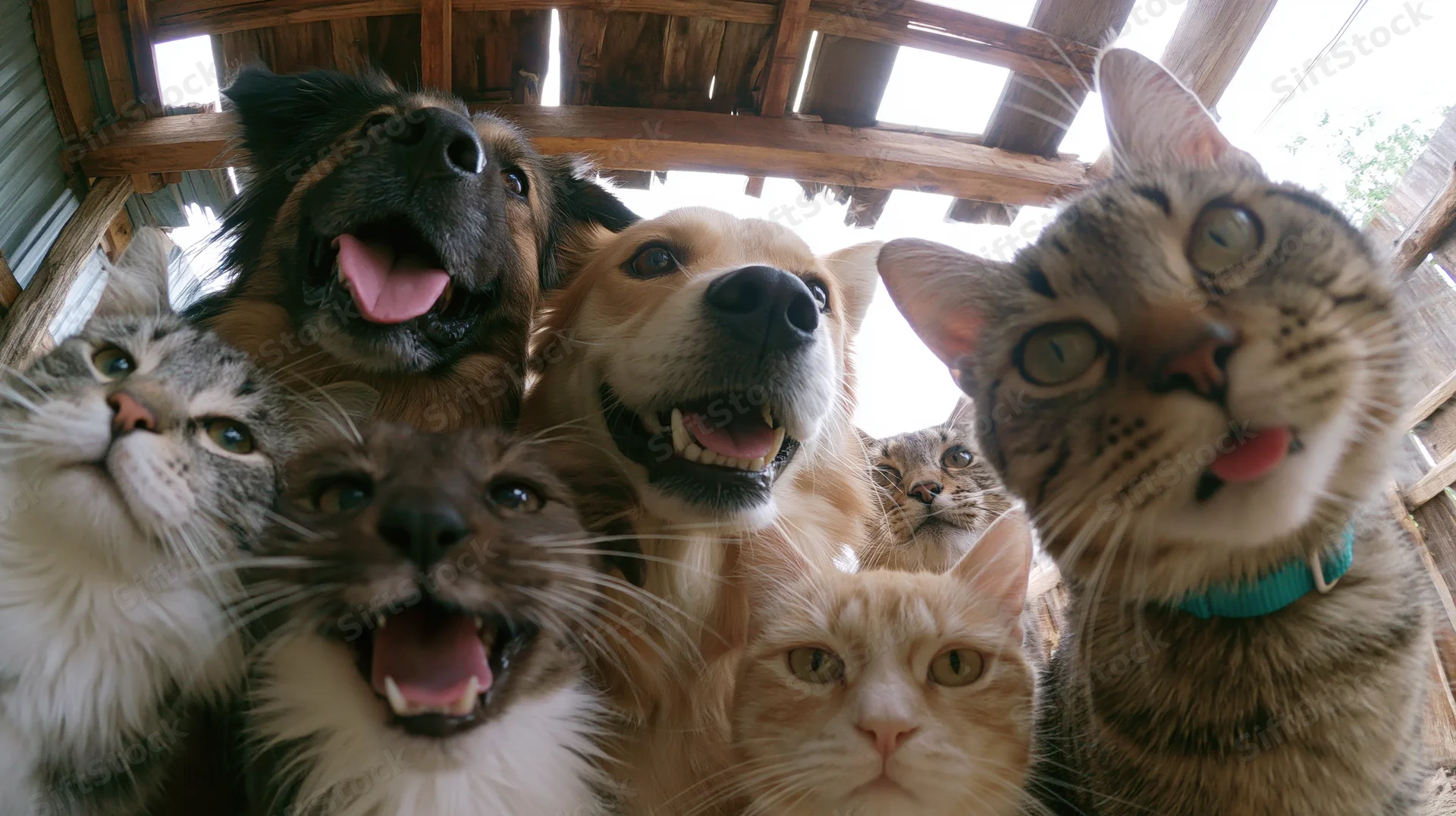 Dogs and cats crowding toward a wide-angle camera from below under a wooden shelter