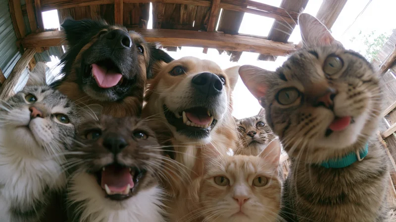 Dogs and cats crowding toward a wide-angle camera from below under a wooden shelter