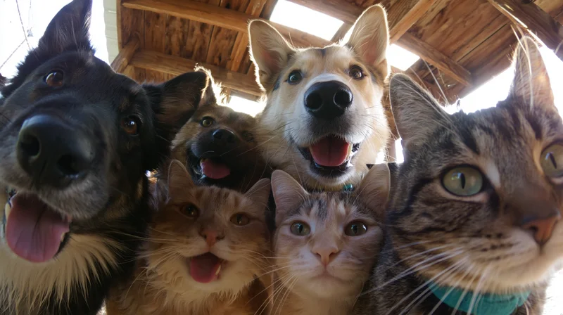 Group of dogs and cats crowding toward wide-angle camera under wooden roof