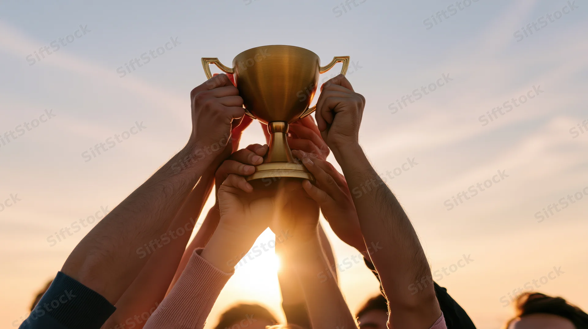 Group of people raising a gold trophy cup together toward the sky at sunset