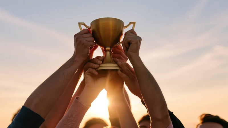 Group of people raising a gold trophy cup together toward the sky at sunset
