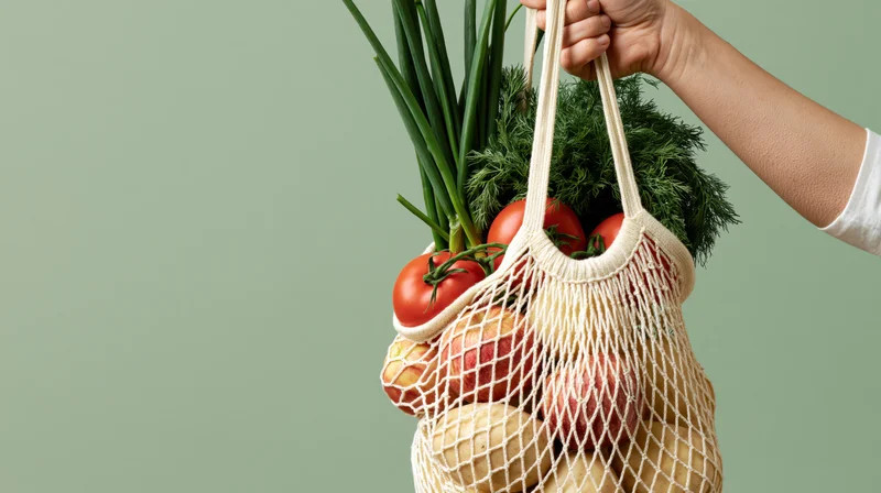 Hand holding a cream cotton mesh bag filled with fresh vegetables against a green background