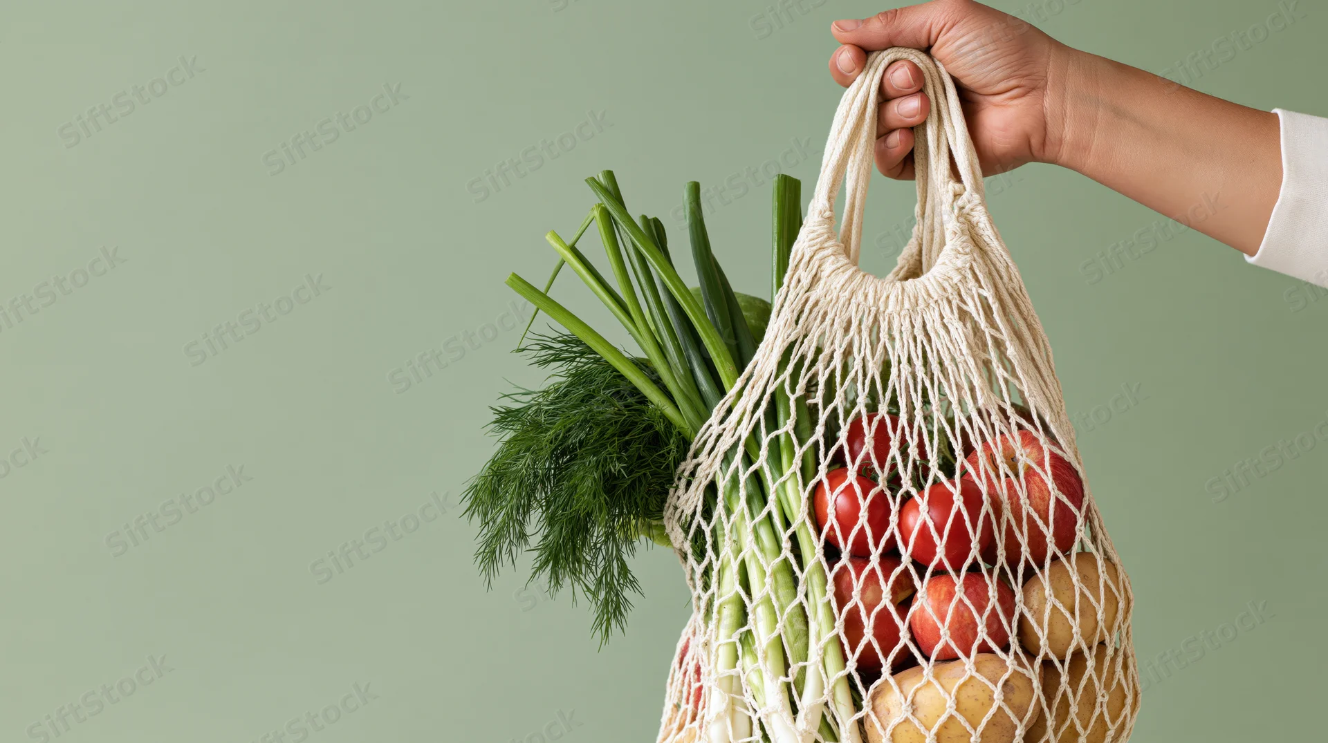 Hand holding a cream cotton mesh bag filled with fresh vegetables against a muted green background