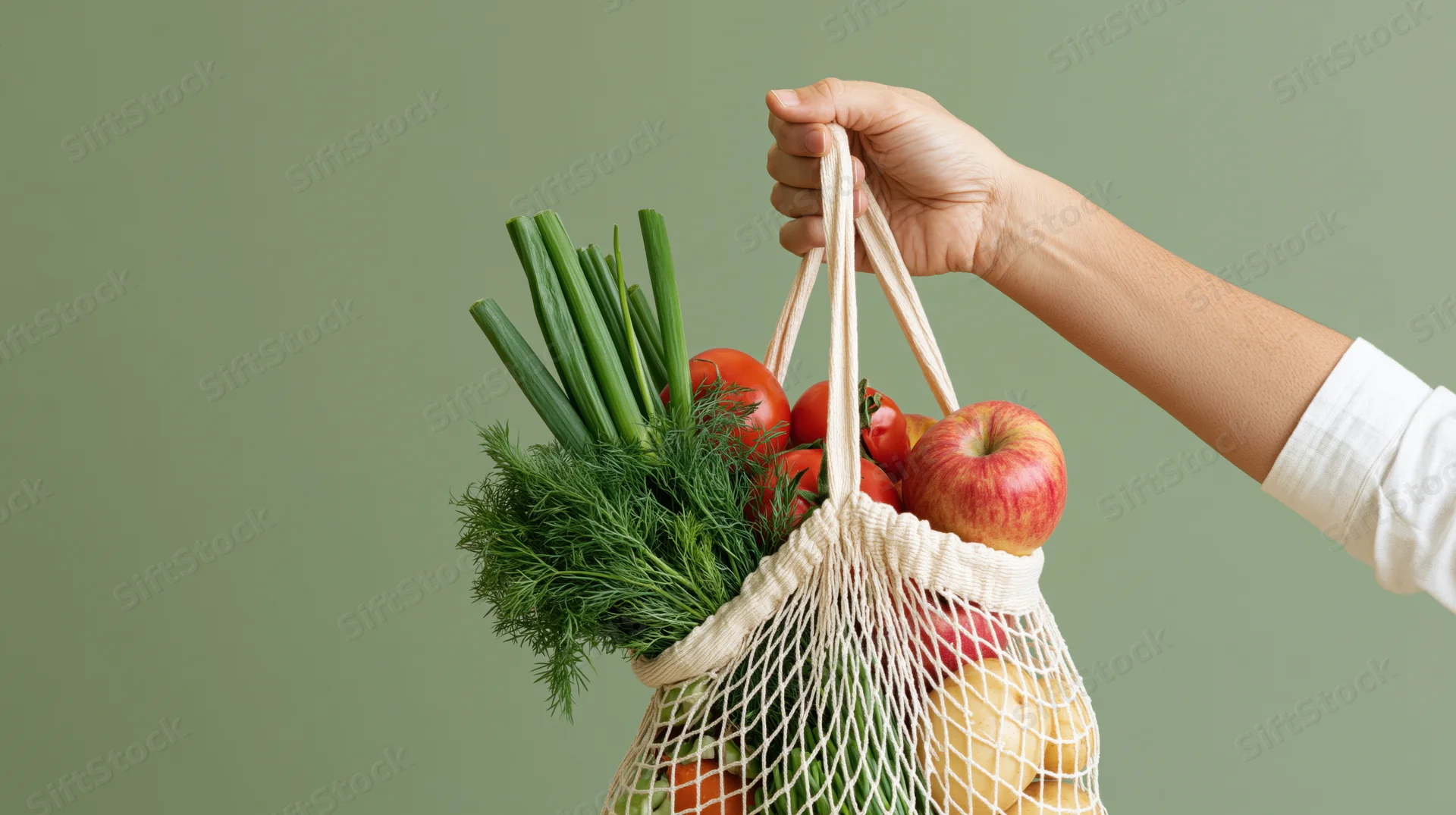 Hand holding a cream cotton mesh bag filled with fresh vegetables and fruit against a green background