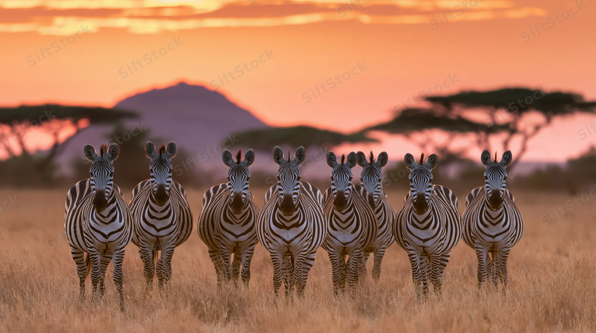 Herd of zebras standing in dry savanna grassland at sunset with acacia trees and distant mountain in background