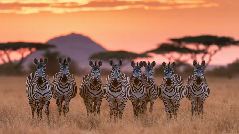 Herd of zebras standing in dry savanna grassland at sunset with acacia trees and distant mountain in background