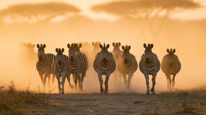 Herd of zebras running toward camera across dusty savanna at sunset